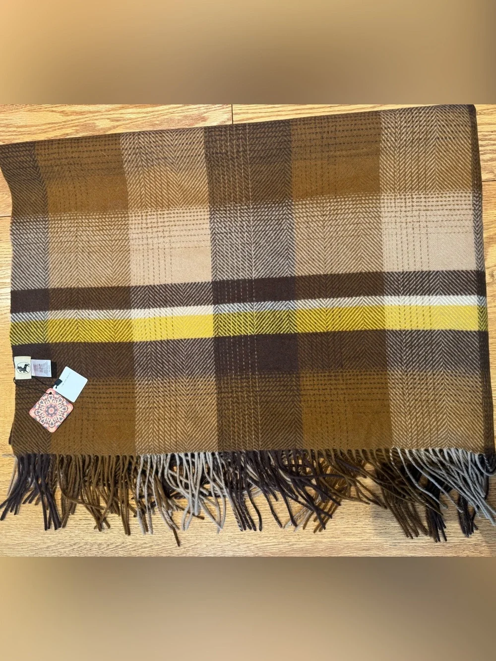 NWT Wool Plaid Throw Blanket in Mustard, Brown & Cream with Fringe Edges 72x56